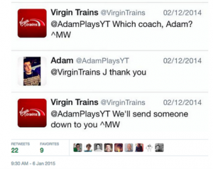 Virgin Trains reply Tweet to Adam Greenwood